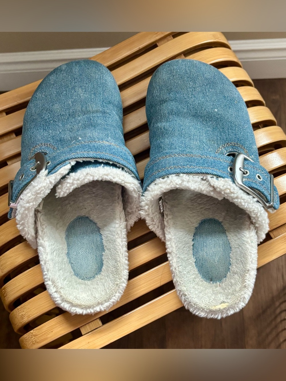 ZARA Denim Sherpa-Lined buckled Clog Slippers